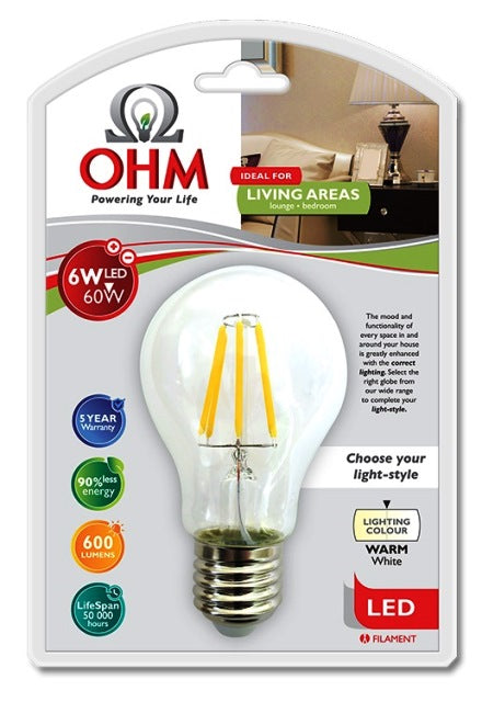 OHM LED A60 LED 6W FILAMENT GL WW E27 ES