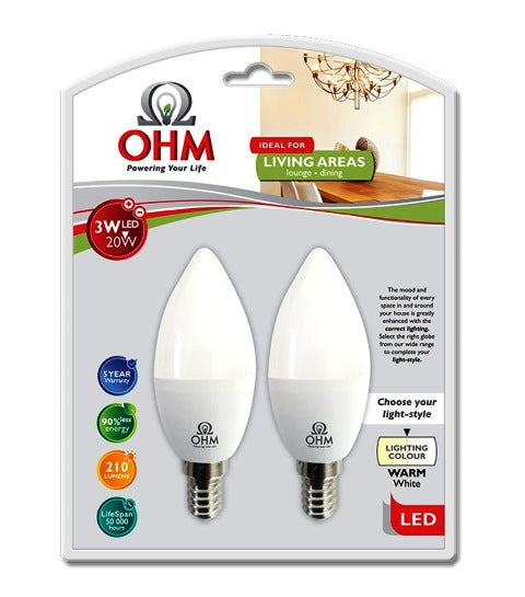OHM LED 3W CANDLE GLOBE WW E14 SES 2PACK