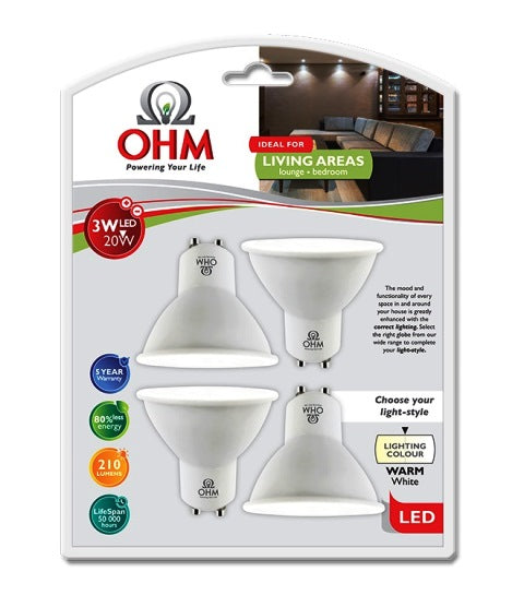 OHM LED GU10 3W GLOBE WW 4PACK