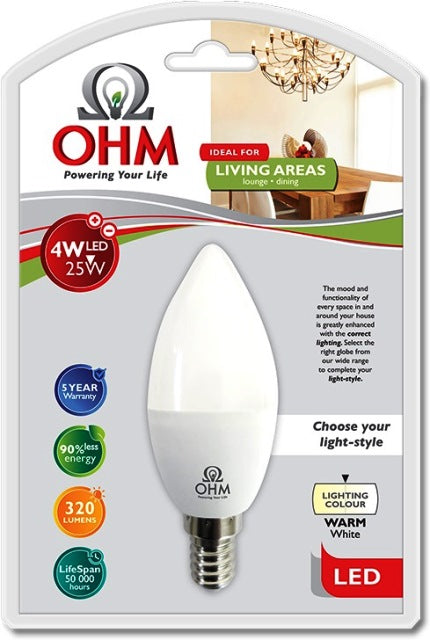 OHM LED 4W CANDLE GLOBE WW E14 SES
