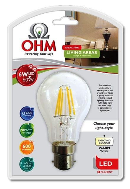 OHM LED A60 LED 6W FILAMENT GL WW B22 BC